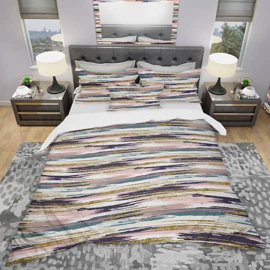Designart 'Gold Glitter Textured Brush Strokes & Stripes' Modern & Contemporary Bedding Set